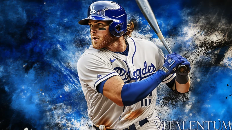 Baseball batter in Dodgers uniform with abstract backdrop.