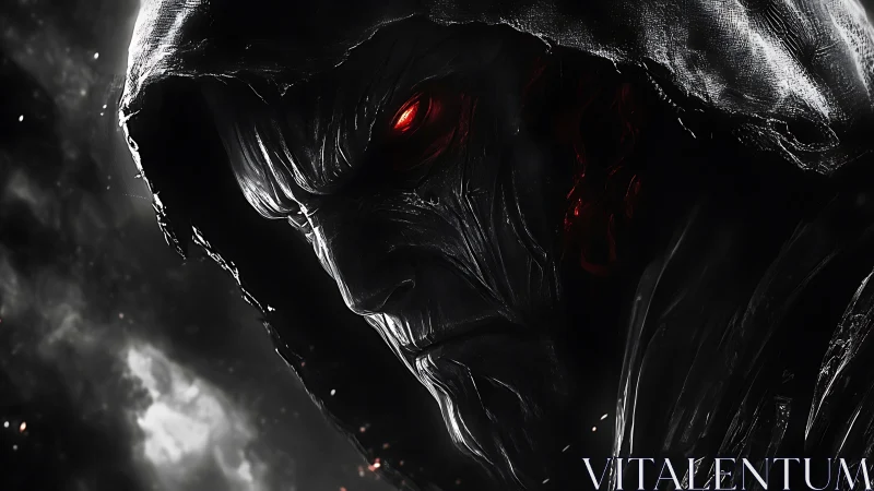 Hooded void warlord with burning crimson stare unveiled.