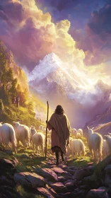 Shepherd guides mountain flock toward glowing alpine summit