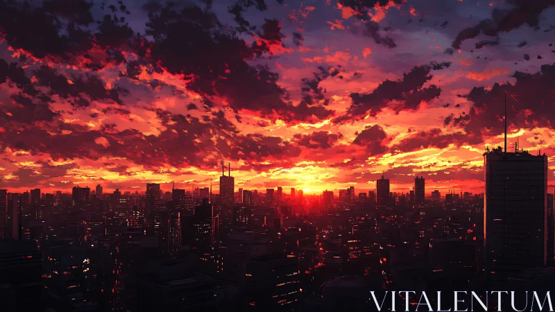 Sunset horizon illuminates dense city skyline in silhouette