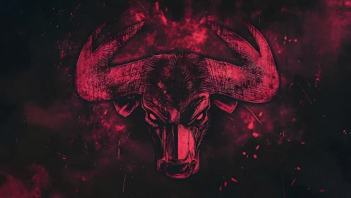 Fierce crimson bull head blazing through cosmic darkness.
