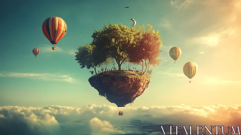 Suspended island grove encircled by multicolored hot air balloons