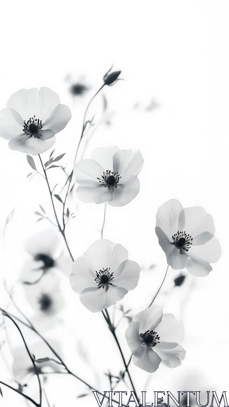 Delicate White Anemones: Botanical Study in Monochromatic Minimalism.