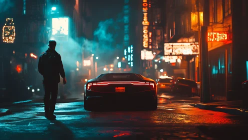 Neon-lit cyber street with lone figure and sports car at dusk.