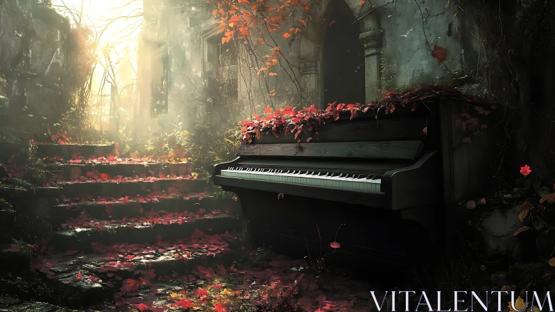 Abandoned upright piano stands in overgrown stone ruins