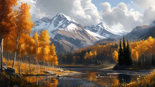 Golden autumn lake cradled by peaceful snowy mountains.