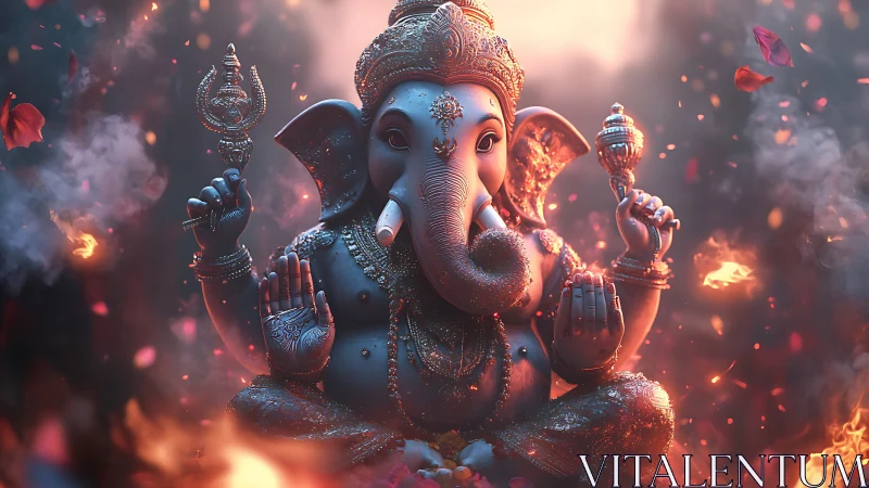 Elephant-headed deity statue in seated position with objects.