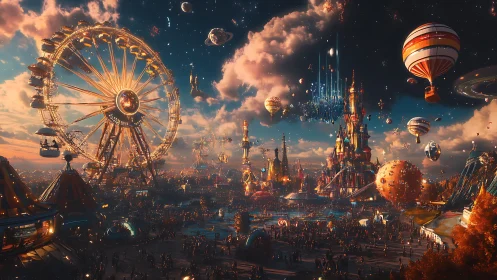 Futuristic carnival with ferris wheel, balloons and castle.
