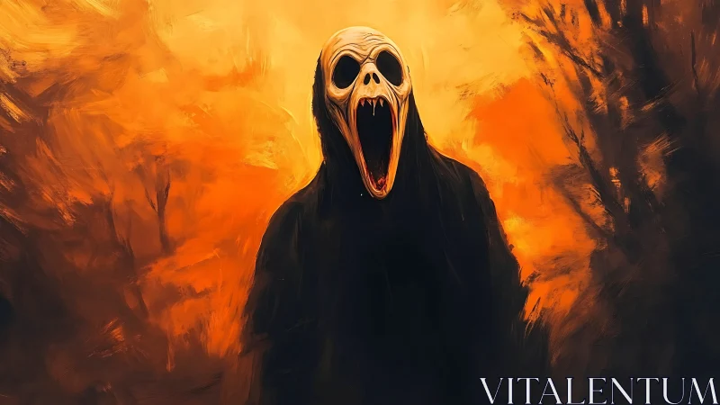 Hooded skeletal figure with open jaw in orange background.