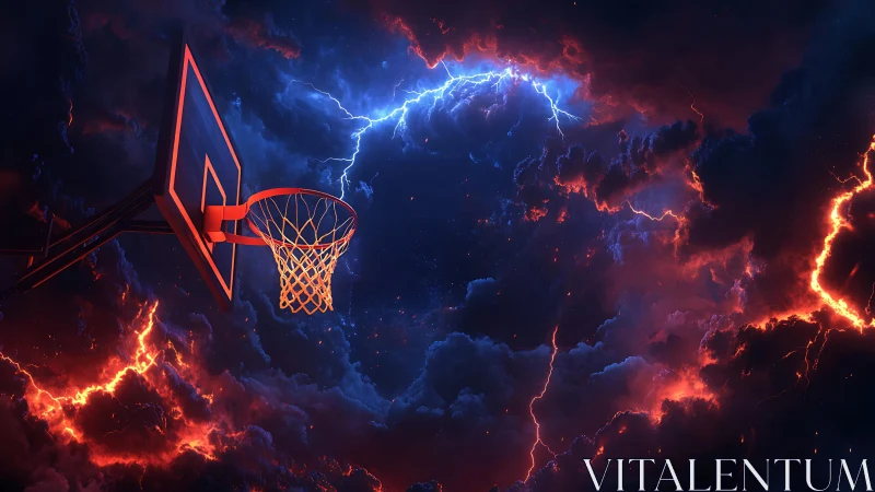 Basketball hoop glows against stormy electric sky of fire.