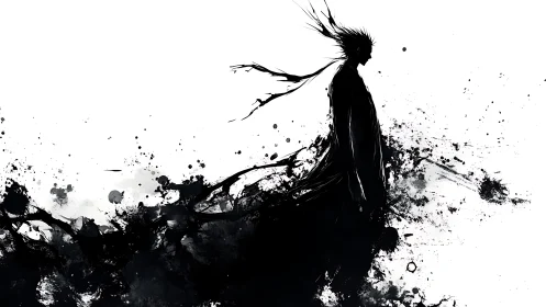 Ink-born wanderer strides through a storm of splattered shadows