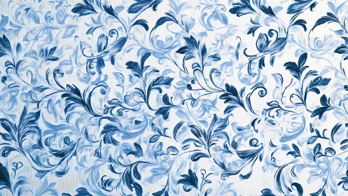 Monochrome blue rococo floral scrollwork on white textile ground
