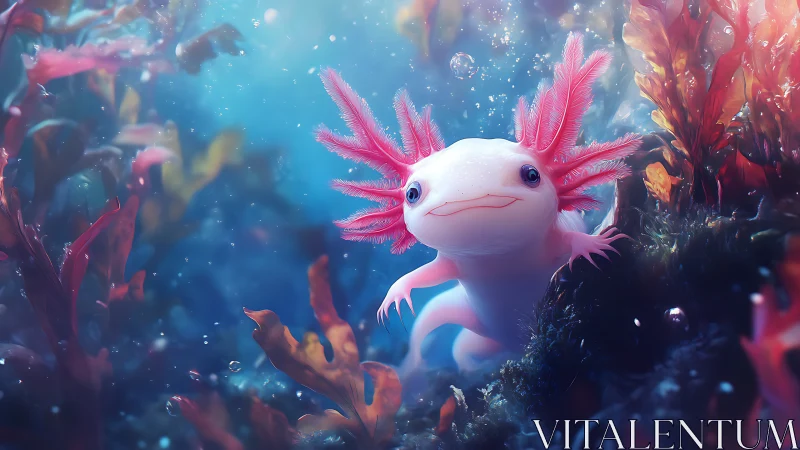 Bioluminescent axolotl rendered in shallow macro underwater scene