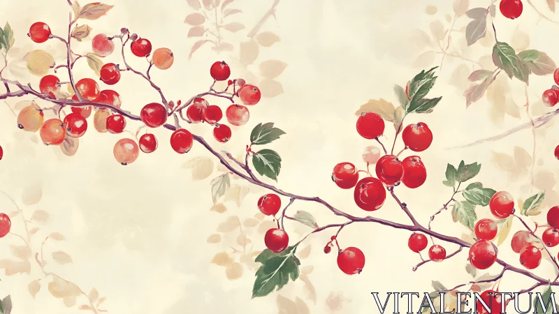 Red berries hang across delicate watercolor branches