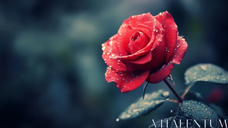 Red Rose with Dewdrops After Rain.