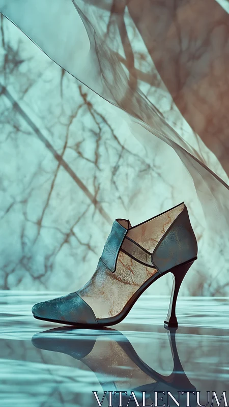 Sheer mesh high heel shoe on reflective marble surface.
