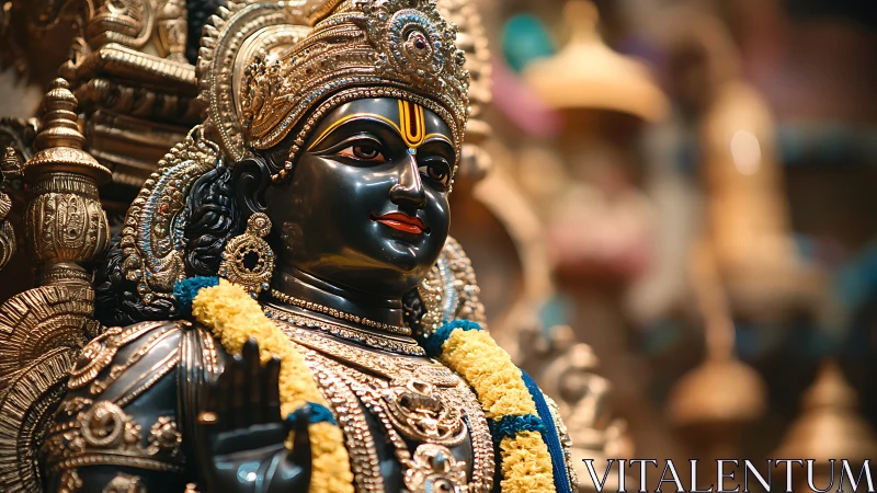 Ornate black stone Hindu deity idol with gold and garlands.