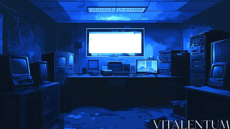 Midnight command center hums in neon blue retro silence.