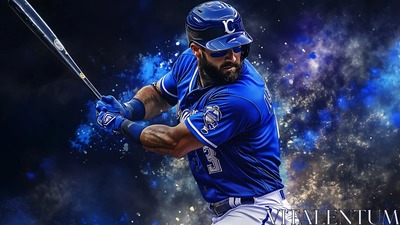 Baseball batter in blue uniform prepares to swing bat