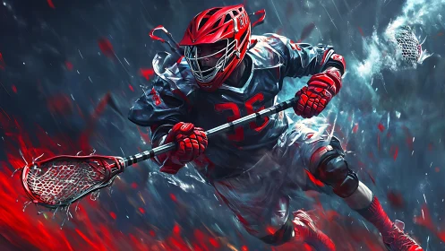 Lacrosse warrior storms field in high-speed red blaze.