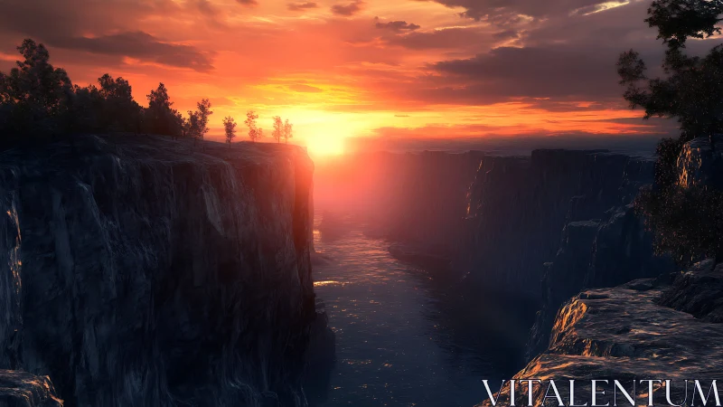 Sunlit canyon river glows beneath a dramatic fiery sunset.