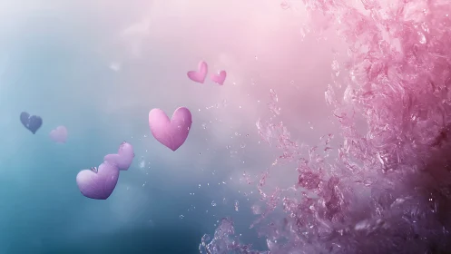 Pink Hearts Floating in Dreamy Water and Mist Atmosphere