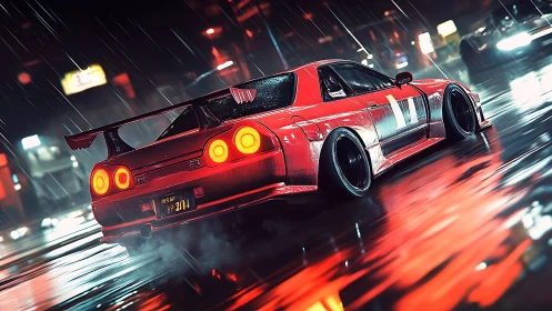 Red tuner car drifting through neon city rain at night.