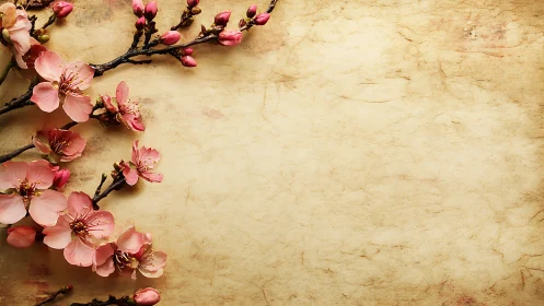 Pink Cherry Blossoms with Dark Branches on Aged Textured Background.