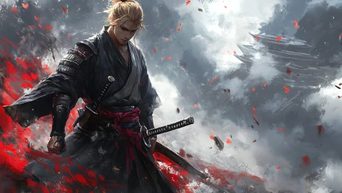 Storm-lit samurai warrior amid crimson battlefield haze.