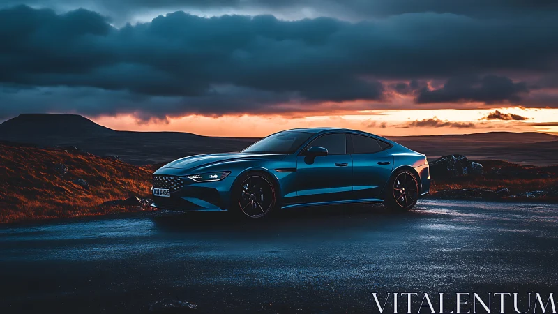 Sleek blue sports car waits under stormy sunset skies