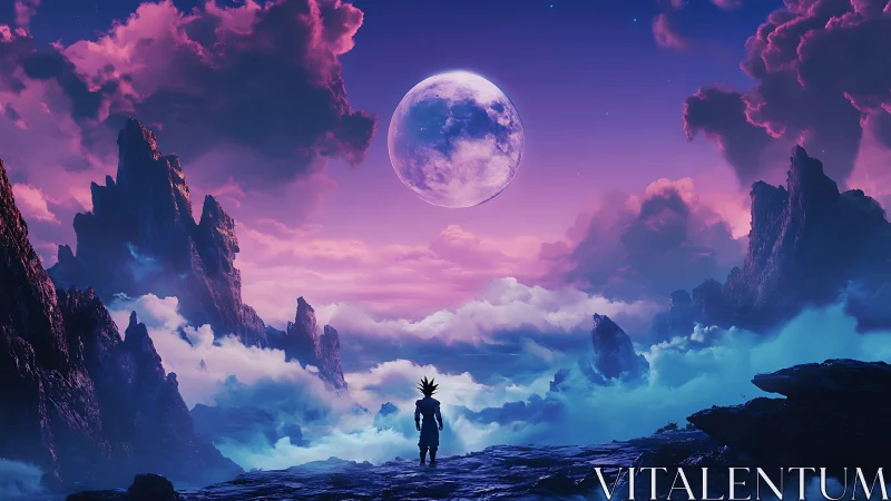 Lone spiky‑haired figure in neon lunar fantasy mountainscape