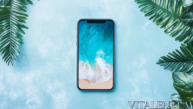 Smartphone with turquoise beach ocean wallpaper display surrounded by palm fronds