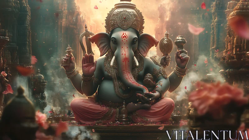 Divine Ganesha idol glows in ornate golden temple haze.