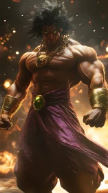 Mythic warrior with glowing eyes in blazing inferno.