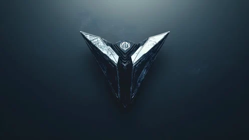 Futuristic metallic emblem on dark background, 3D digital style.