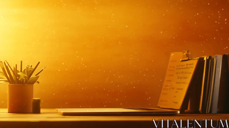 Golden-hour minimalist desk with laptop in warm bokeh haze