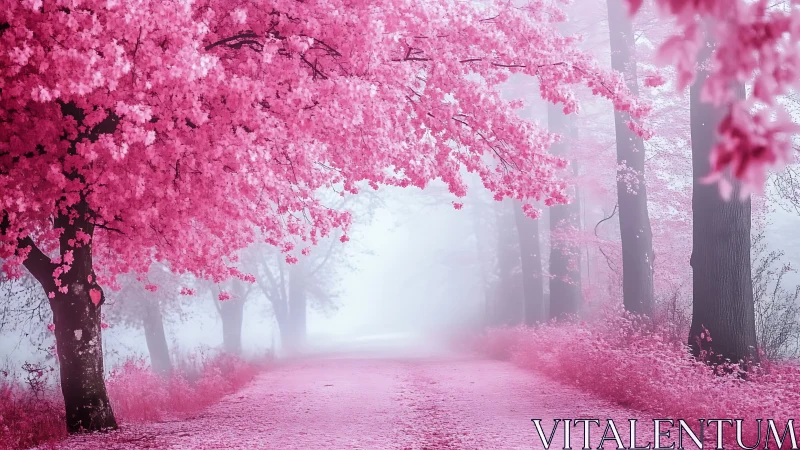 Pink blossom forest path in soft atmospheric morning haze.