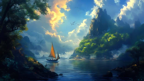 Sailboat crosses calm bay below steep forested mountains