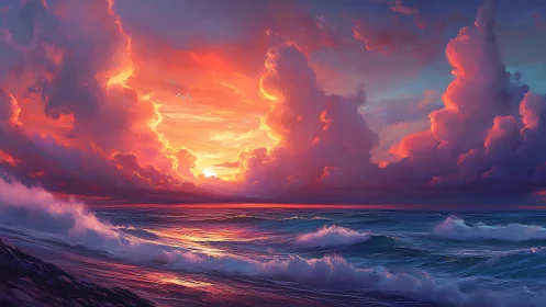 Radiant sunset clouds embrace gentle waves on a glowing sea