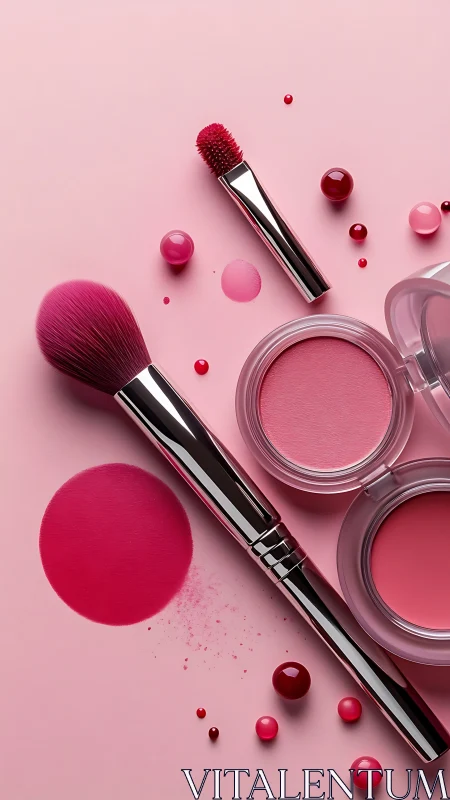 Cosmetic brushes and blush compacts on pink background.
