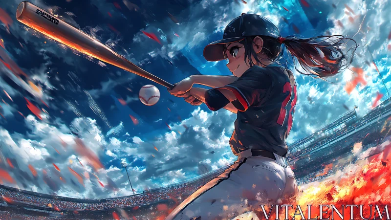 Anime baseball batter swings in dynamic stadium scene.