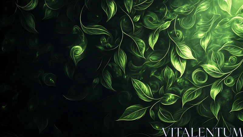 Luminous emerald leaves swirling through digital forest night.