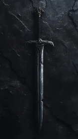 Forged steel longsword on dark slate stone background, centered