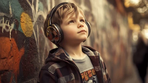Young listener immersed in urban soundscape with oversized headphones.