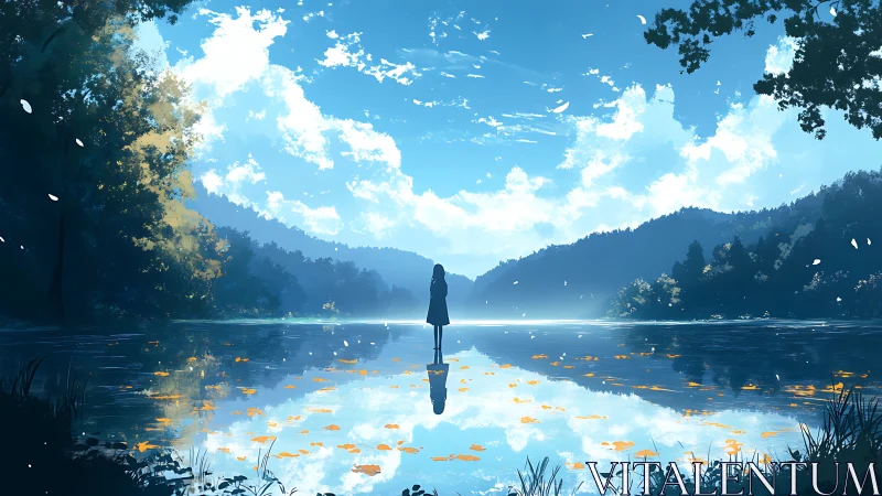 Solitary figure reflects by a tranquil mirrored lakeside scene.