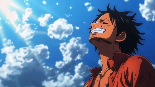 Sunlit anime adventurer soaking in a bright open sky.