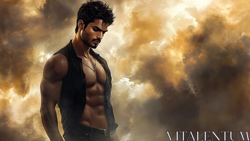 Stormlit lone warrior broods amid molten twilight clouds.