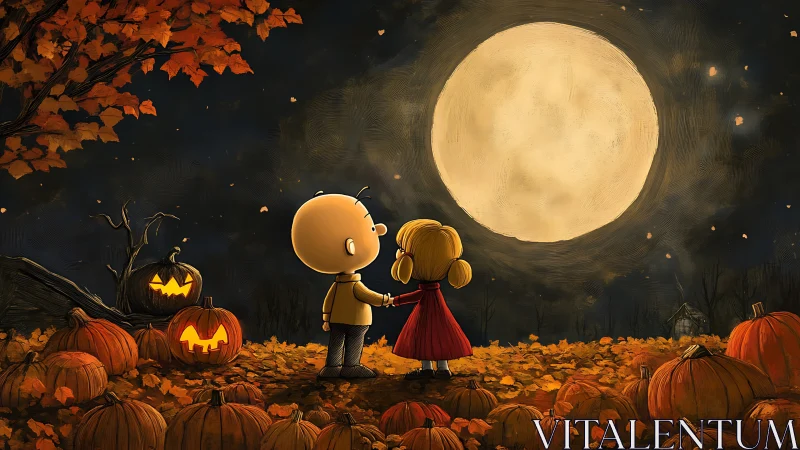 Two figures holding hands under autumn moonlight in pumpkin field