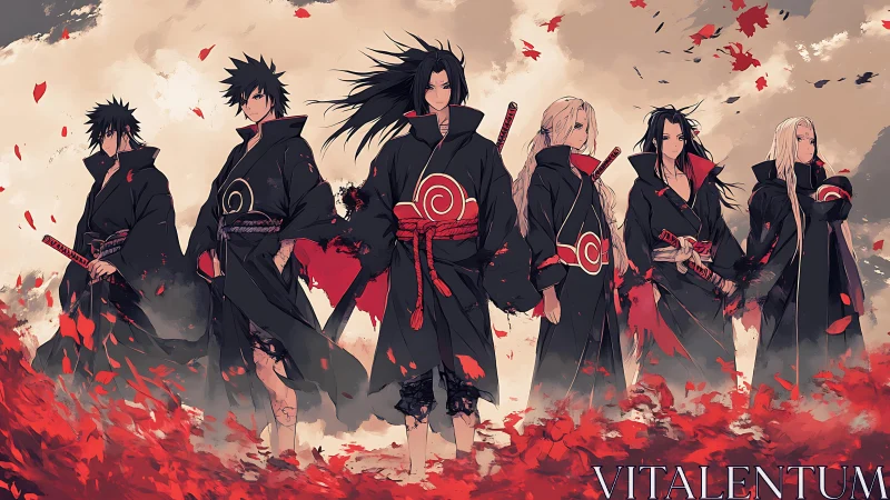 Scarlet-cloaked swordsmen stride through a storm of leaves