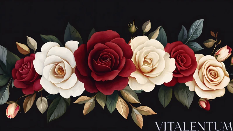 Triadic Rose Arrangement: Deep Crimson, Ivory, and Champagne Blooms